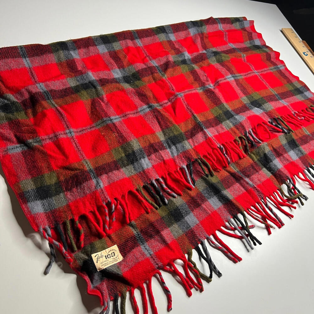 Faribo Vintage Wool Blanket‎ Red Plaid Tartan Fringe Made in USA